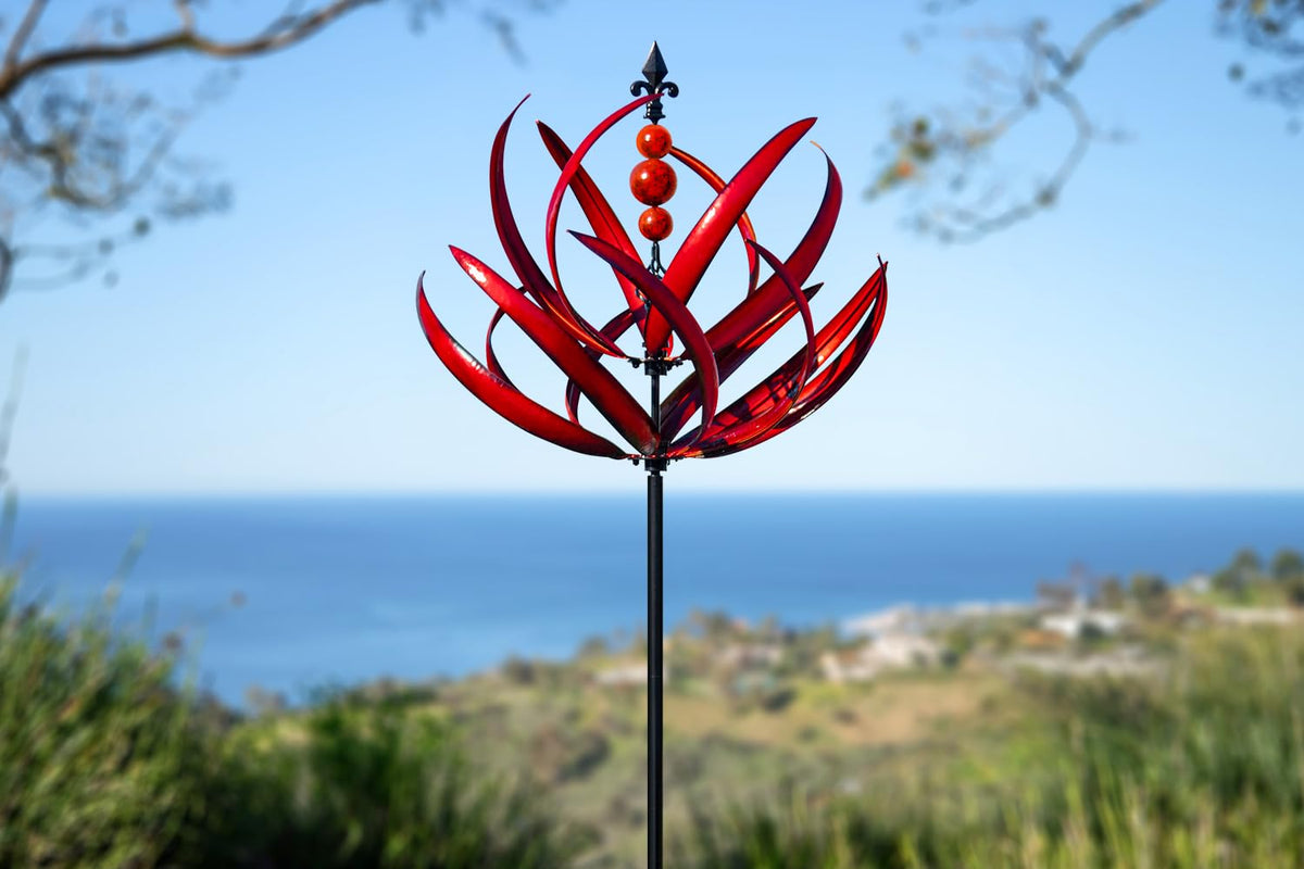 LimeHill Wind Spinner for Garden and Yard - Large Metal Kinetic Wind Sculptures for Outdoor Decor (91 Inches, Burgundy Lotus)