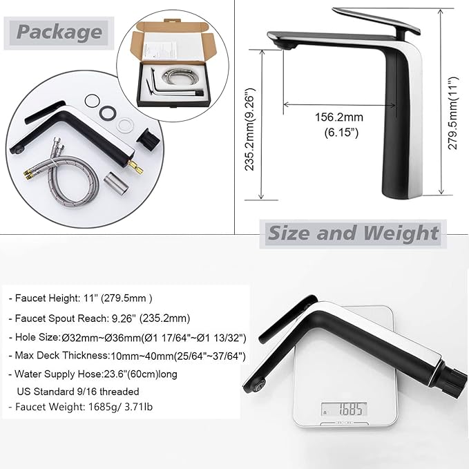 TOCALOCA Tall Bathroom Basin Faucet Matte Black and Silver Chrome, Bathroom Vessel Sink Faucet Brass, Single Handle One Hole Vanity Sink Mixer Tap Faucet for Blow Sink Lavatory, Hot and Cold Water