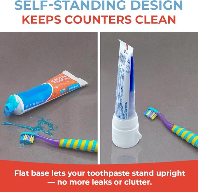 SqueezMe EasyPump Toothpaste Dispenser Cap - Self Closing Silicone Toothpaste Cap for Kids & Adults - No-Mess, Standing Design - Universal Fit for Tubes Up to 230g - Push-On, No-Twist Easy Install