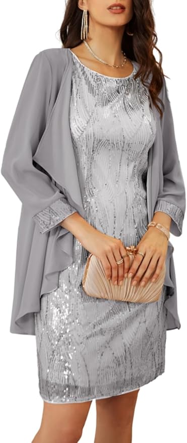 GRACE KARIN Women's Sequin Dress - Wedding Guest & Mother of The Bride Formal Dress - Two Piece Knee Length