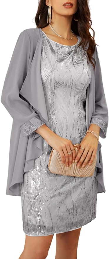 GRACE KARIN Women's Sequin Dress - Wedding Guest & Mother of The Bride Formal Dress - Two Piece Knee Length