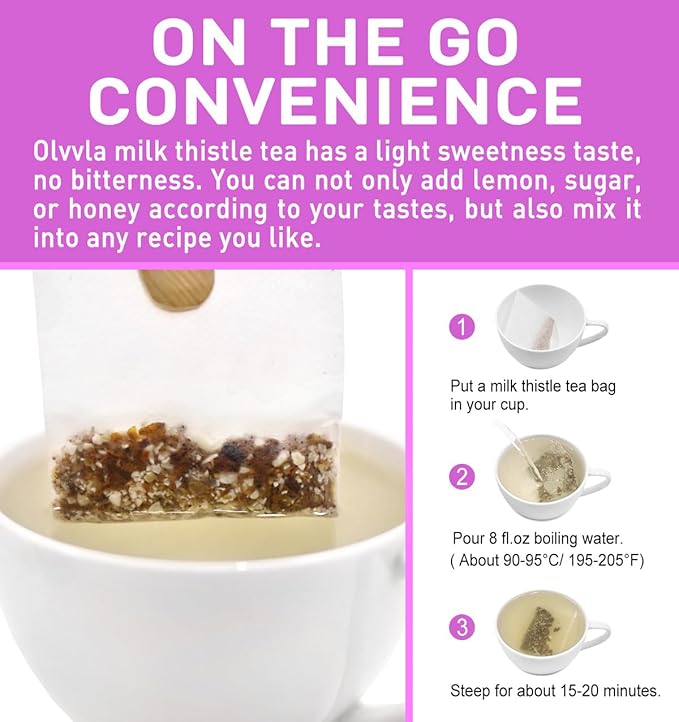 Olvvla - Premium Milk Thistle Tea Bags - 3g X 70 Count - 100% Pure Natural Milk Thistle Seed Herbal Tea - Caffeine-free - Non-GMO