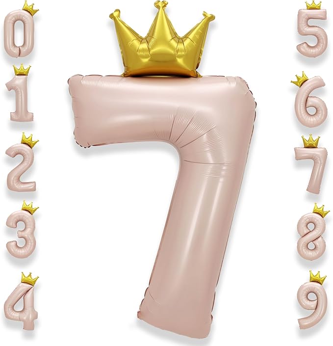AULE 40 Inch Big Pink 7 Balloon Number with Crown Large Foil Helium Number Balloons 0-9 Jumbo Giant Happy 7th Birthday Party Decorations Huge Mylar Anniversary Party Supplies