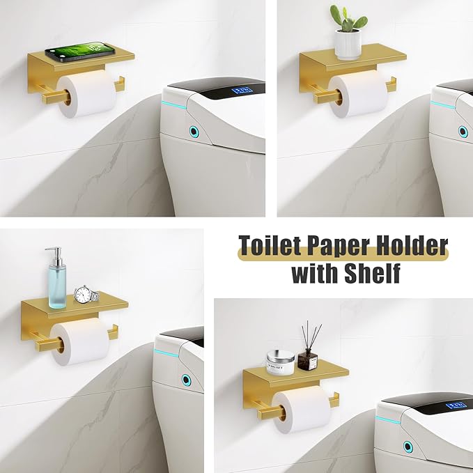 YACVCL 5-Pieces Brushed Gold Bathroom Hardware Accessories Set Stainless Steel Bathroom Towel Bar Set Towel Holder Set for Bathroom,Upgraded Toilet Paper Holder with Shelf,Wall Mounted 23.6"