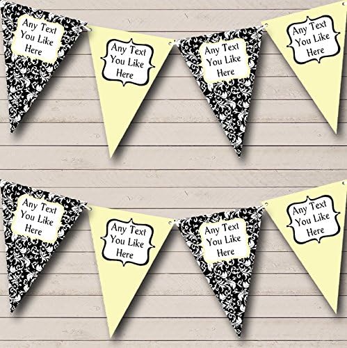 Pale Yellow White Black Damask Personalized Birthday Party Bunting - Hanging Party Decoration - Birthday Party Banner Garland | Decorative Party Supplies