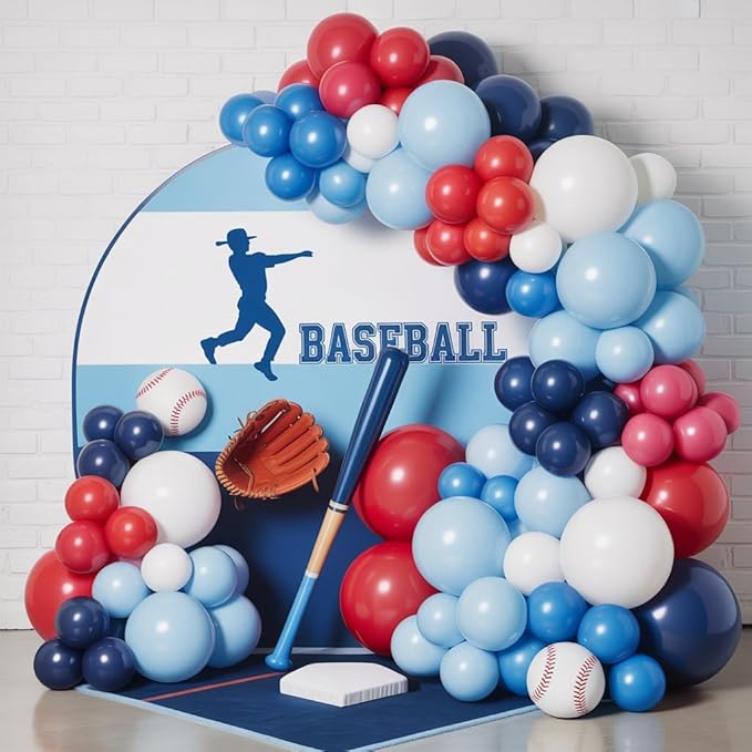 FunHot Baseball Balloon Arch Garland Kit, Navy Blue and Red Balloon Garland with White Balloons Baseball Foil Balloons Birthday Party for Men Boys Sports Baseball Graduation Party Decorations