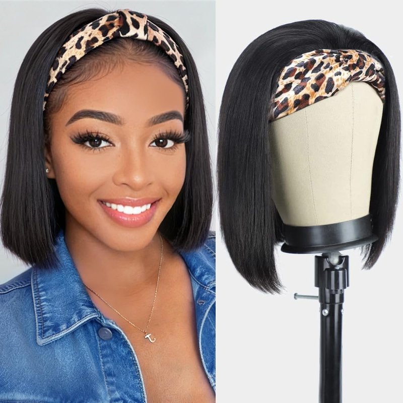 AISI Headband Wigs Human Hair Bob Headband Wig for Black Women with Leopard Print Headband Easy Put On and Go Glueless Wig Straight Wigs Machine Made 180% Density No Lace Wig Natural Color (10 Inch)