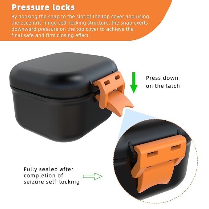 ARGOMAX Leak Proof Denture Bath Cup, Portable Soaking Denture Box, Denture Bath Case with Strainer, for Dentures and Braces (Black + Orange).
