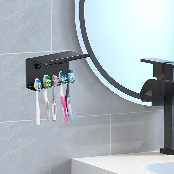 Wall Mounted Toothbrush Holder for Bathroom Shower, 5 Slots Aluminum Self-Adhesive Tooth Brush, Toothpaste Organizer Hanger Compatible with Colgate Extra Clean, Oral-B CrossAction, etc Black