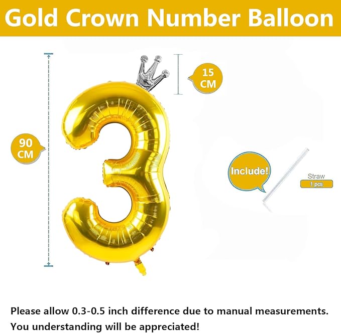 Gold Number 3 Balloon with Crown, 40 inch Gold Number Balloon 3rd Birthday Party Decoration Gold Crown Balloons 0-9 for Birthday Party Anniversary Decorations Supplies