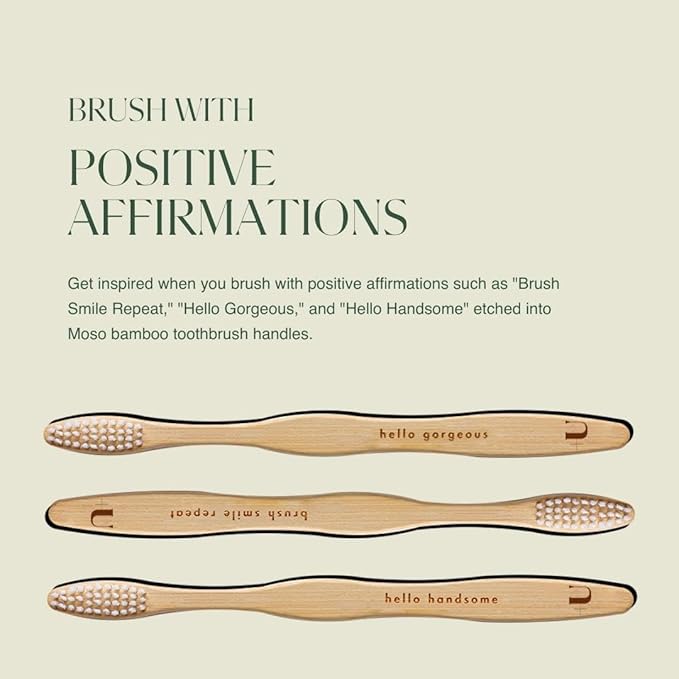 Biodegradable and Eco-Friendly Bamboo Toothbrush 4-Pack - BPA Free Soft Bristle - Dentist-Approved and All-Natural with Positive Affirmations Etched on Handles by Plus Ultra
