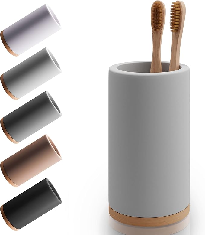Matani Bamboo Toothbrush Holder Diatomite Tooth Brush Organizer - Storage Stand for Small Bathroom & Counter - Removable Base & Drain Holes, Water-Absorbent & Quick-Drying (Light Grey)