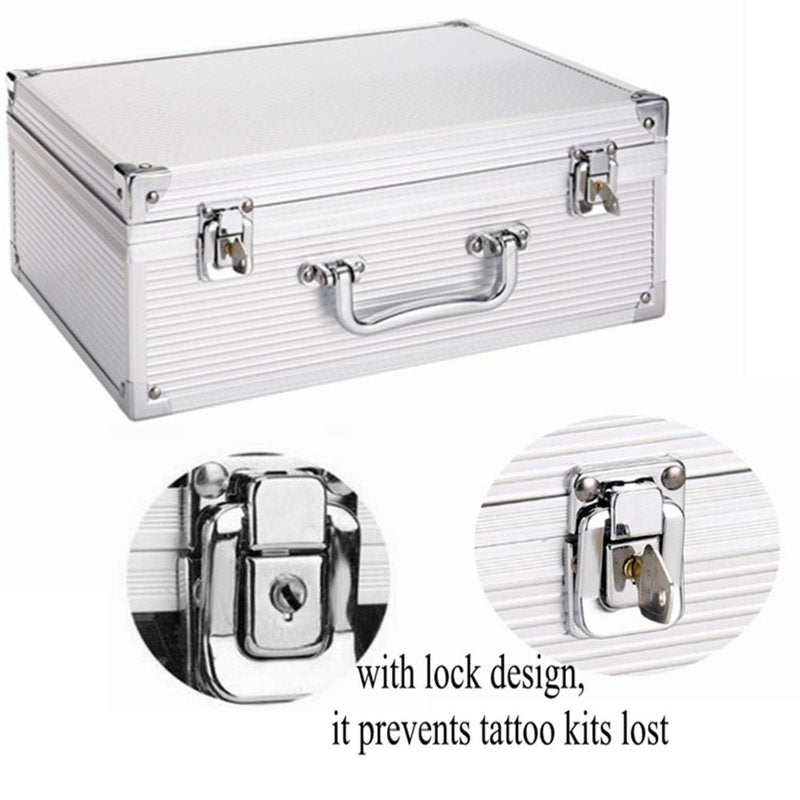 Tattoo Kit Box,Tattoo Case Organizer 12.6" x 9.5" x 5.1" W/Lock Machine Carrying Case,Aluminum Alloy with Sponge for Tatto Machine Box(silver)