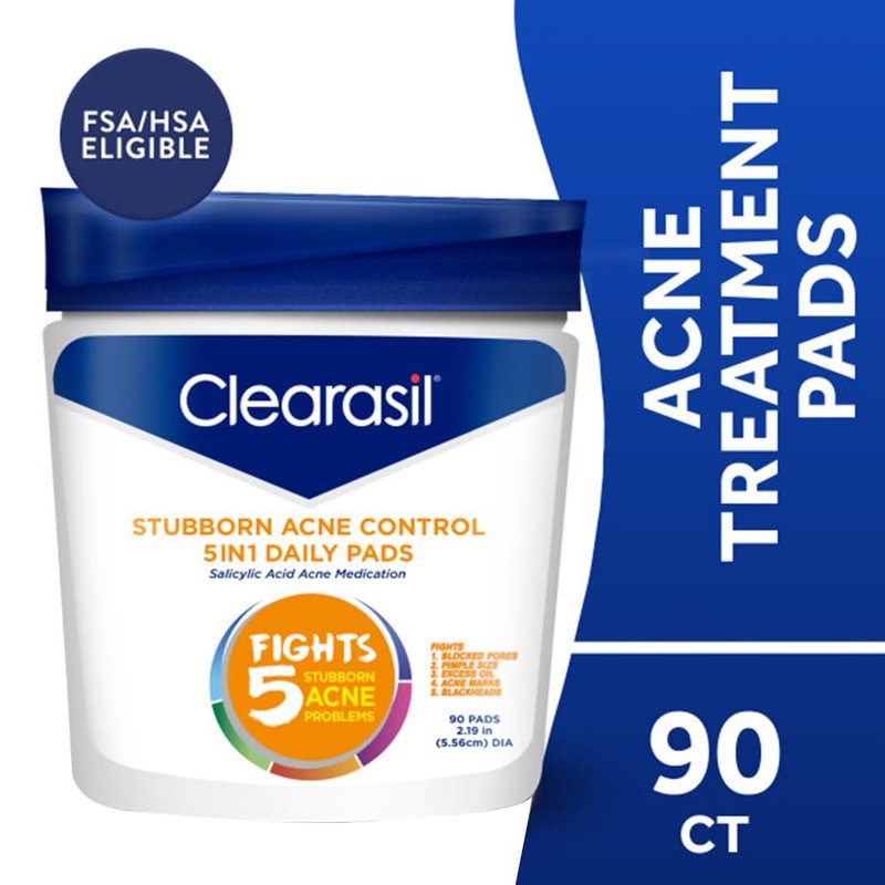 Clearasil Acne Treatment Facial Cleansing Pads, Stubborn Acne Control 5-in-1 Daily Pads, 90 Pads (Pack of 3)