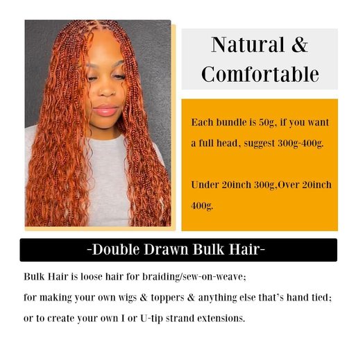 QTHAIR Deep Wave Bulk Human Hair For Braiding No Weft (24"#350 Ginger)16A 100% Unprocessed Brazilian Deep Wave Human Hair Virgin Hair Extensions Two Bundles Micro Braiding
