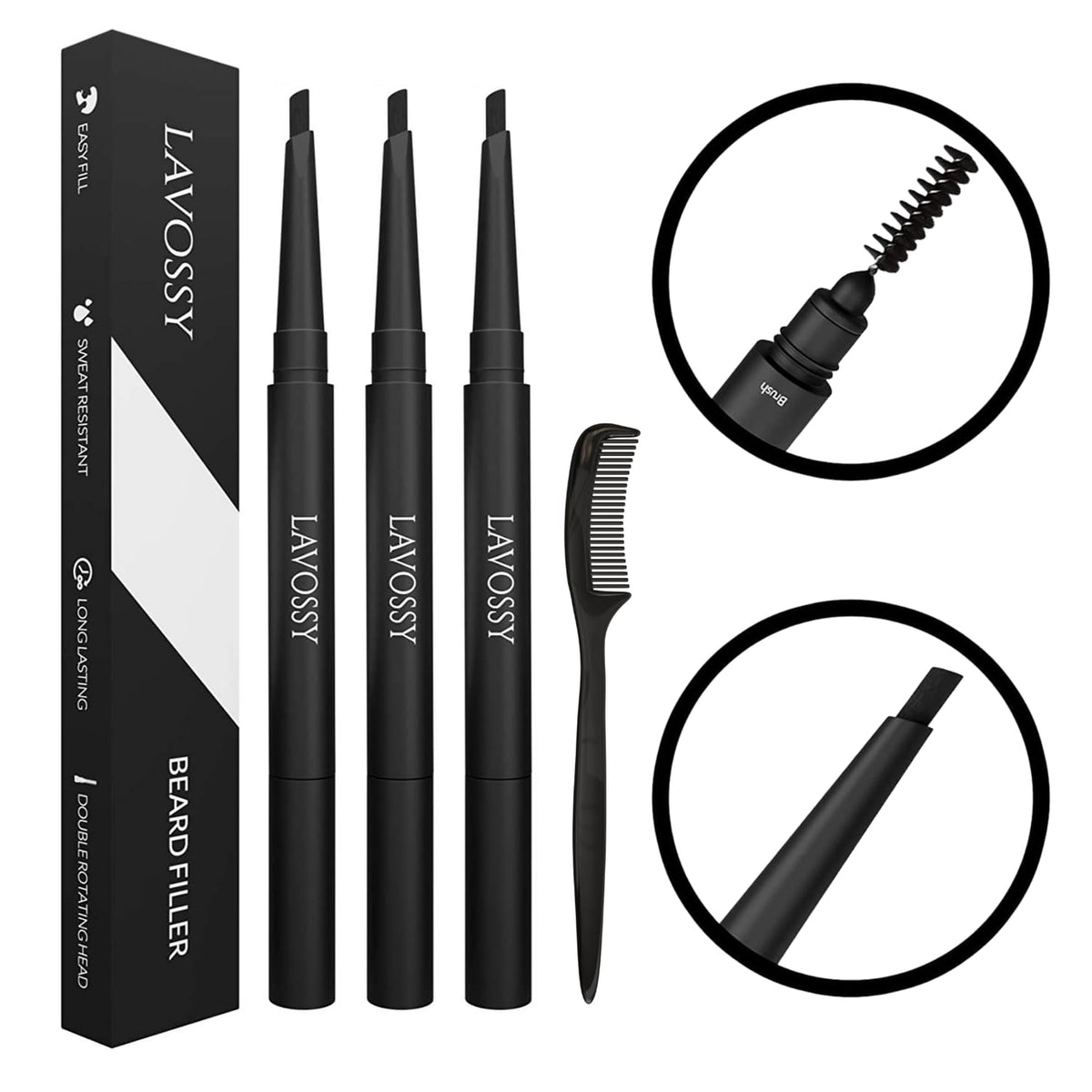 LAVOSSY Beard Pencil Filler for Men - Black, Pack of 3 - Long Lasting and Easy to Use with Blending Brush, Water/Sweat Proof, Fills Patchy Beard, Moneyback Promise