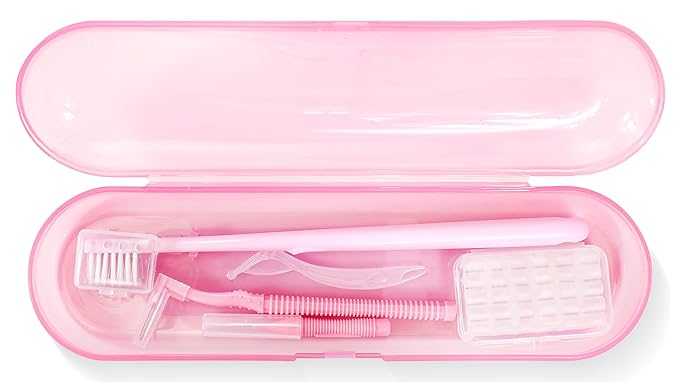 Orthodontic Care Travel Kit | V-Shape Toothbrush with Soft Bristles, Interdental Brushes, Orthodontic Wax, and Breathable Case | Portable Dental Kit for Braces and Aligners(PINK)