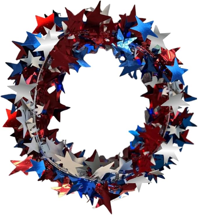 PMU 300 Ft Patriotic Star Garlands with Wire, Shiny Metallic Garland for 4th of July, National Day, Independence Day, Red, White and Blue (12pc-25Ft Each)