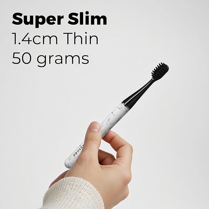 MIPOW Brush GO SlimPro i4 Electric Toothbrush Rechargeable Smart Ultra Sonic 3 Modes, Travel Case & Ceramic Dock, 60Day Battery Soft Bristles 2 Heads IPX7 Waterproof, Color-Carrara Edition
