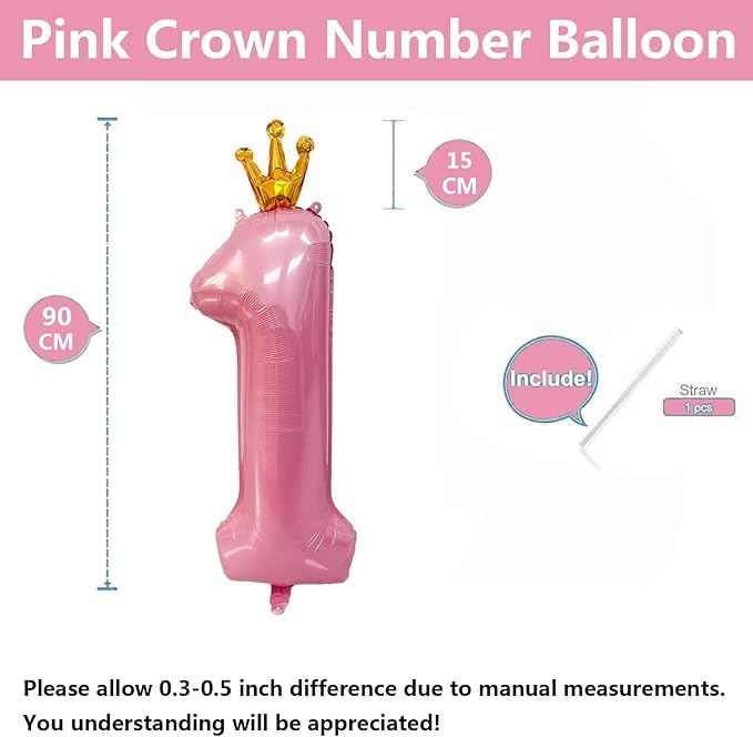 40 inch Pink Number 1 Balloon with Crown, Pink Crown Balloons 0-9 for 1st Birthday Party Anniversary Decorations Supplies