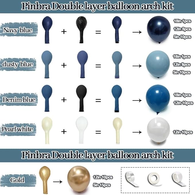 Navy Blue White Balloon Garland Double Stuffed Dusty Blue Gold Pearl White Balloons Beige Cream Balloon Arch Kit for Birthday Baby Shower Wedding Father's Day Graduation Party Decorations