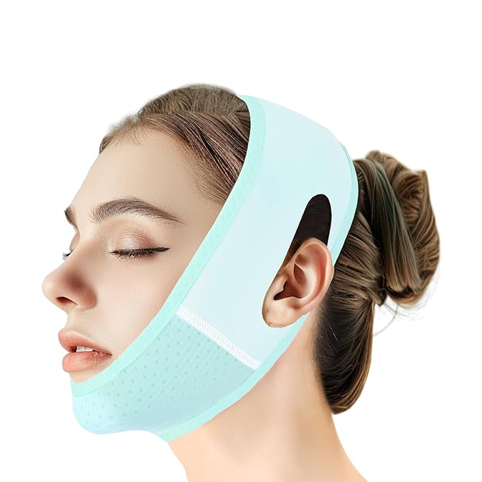 Reusable V Line Lifting Mask with Chin Strap, V Shaped Face Mask for Sagging, Jaw Exerciser (Light Blue)