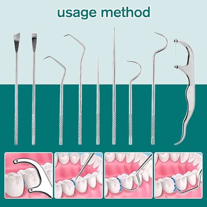 Stainless Steel Toothpick Set, Reusable Metal Toothpicks Cleaning Kit with Holder, Dental Picks Metal Dental Kit Oral Care Tools Toothpicks Pocket Set for Outdoor Picnic Camping Traveling (9 Pcs/Set)