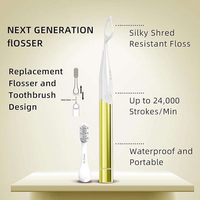 Dr. Emma Electric Vibration Flosser, Power Flosser for Adults, Gum Stimulator, Teeth Cleaner, Reusable Flossing Tool with Toothbrush, Water Flosser Alternative, Yellow