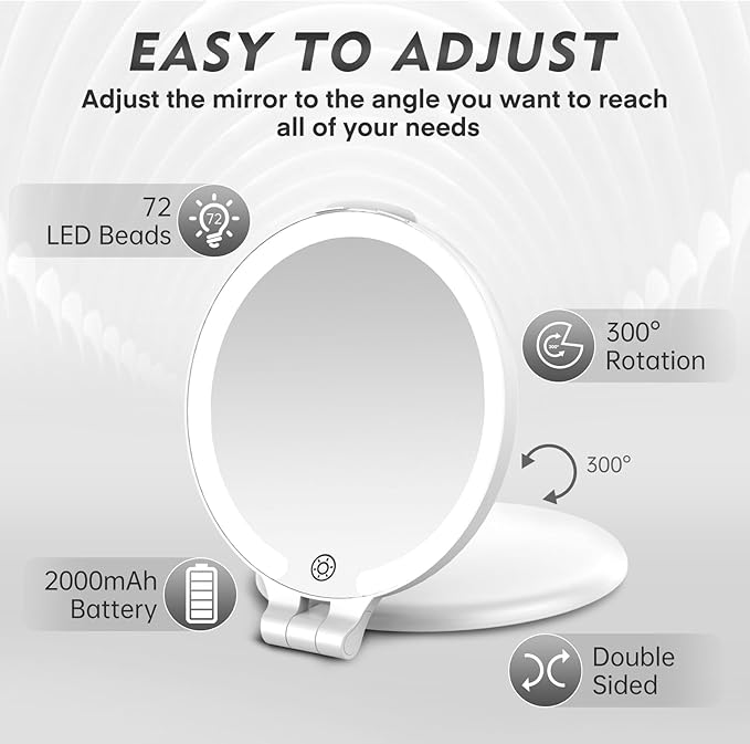 FUNTOUCH Travel Mirror with Light, 1X/10X Double Sided Magnification Makeup Vanity Mirror with 3 Color Setting, Chargeable Foldable Portable Travel Essential Vanity Mirror with Bag