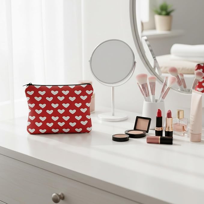 GRITOSE Valentine's Day Small Bag Red with Hearts designs Cosmetic Pouch with Zipper for Women Girls Romantic Valentines Gift Full Cover Work Toiletry Bags for Student Travel Accessories