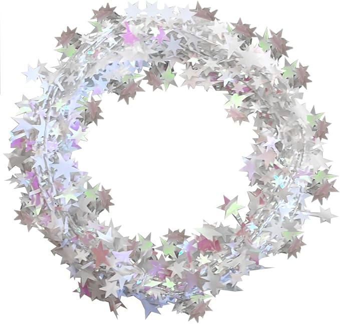 PMU 150 Ft Star Wire Shiny Garland White Iridescent - Halloween, Christmas Party, Wedding, Birthday, Festive Home Decoration Ornament White Iridescent (6pc-25Ft Each)