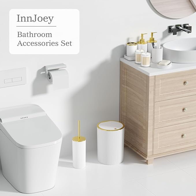 White and Gold Bathroom Accessories Set, 10PC Bathroom Set, Bath Accessory with Pop Up Trash Can, Soap Dispenser, Toilet Brush, Toothbrush Set Qtip Holders & Tray