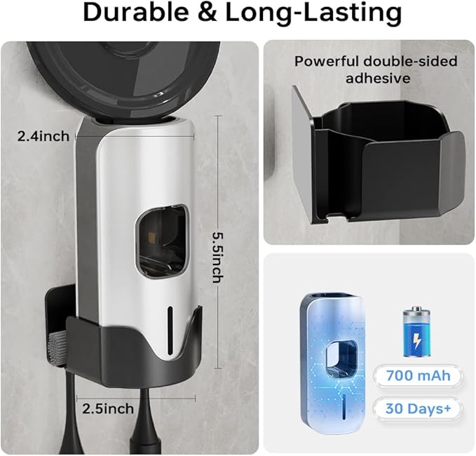 Automatic Toothpaste Dispenser Wall Mounted - Smart Touchless Toothpaste Squeezer with 3 Adjustable Levels, 2 Toothbrush Holders- for Kids and Adults, Bathroom Essentials
