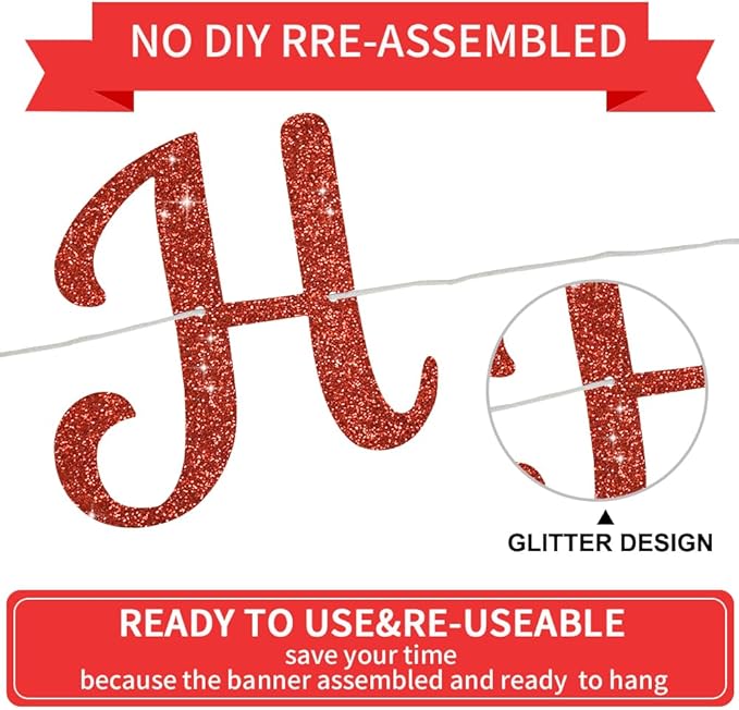 BEISHIDA Glitter Engagement Banner - No DIY, Party Decorations Sign, Wedding Banners (Red)