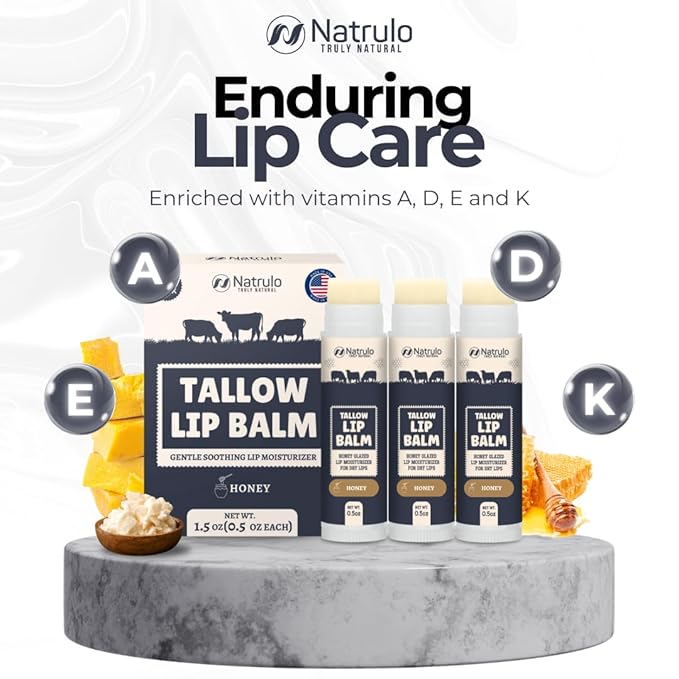 Beef Tallow Lip Balm – Natural Tallow Beeswax Chapstick – Hydrating Moisturizer Grass Fed Bison Tallow Balm Lip Care – Soothes Chapped Dry Lips, Sensitive Skin – Long Lasting Vitamin Rich USA-Made 3Pk