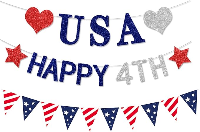 Fourth-4th of July Imemorial-Day Banner - Blue White Red Patriotic Garland Party Decorations, Hanging USA Pennant Flag Banners, America Independence Day Streamers Indoor Decor Lasting Surprise