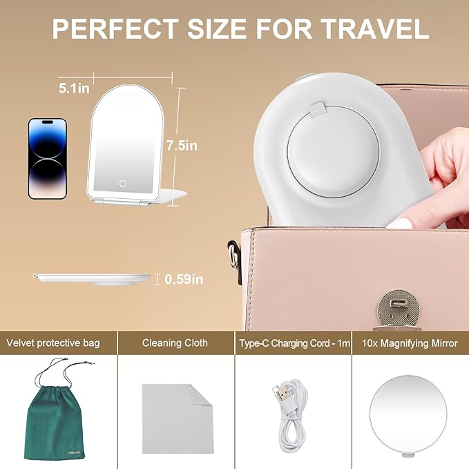 Mocado Travel Makeup Mirror with Light, 1x/10x Magnifying Mirror with Light, 3 Colors Lighted Magnifying Mirror, 2000mAh Rechargeable Lighted Makeup Mirror, Memory Function (Arched-White)