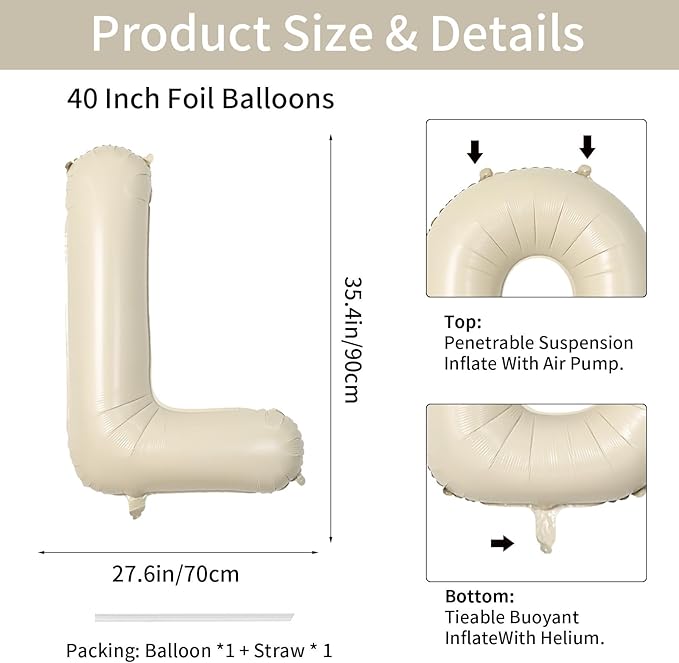 Biapian 40 Inch Giant Cream L Foil Balloons - Big Single Alphabet A-Z Balloons, Helium for Birthday, Baby Shower, Wedding, Anniversary Party Decoration