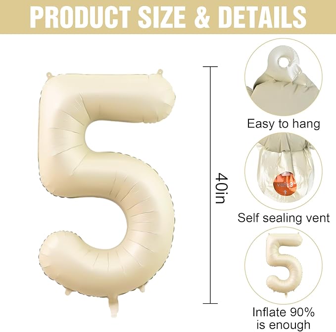 Number 5 Balloon Beige,40 Inch Large Cream Foil 5 Helium Balloons for Boys Girls Birthday Anniversary Decorations