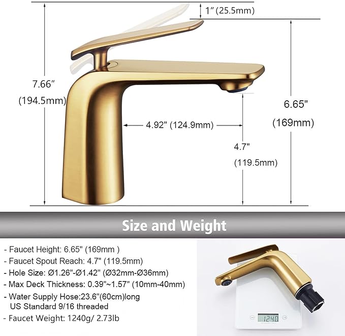 TOCALOCA Brushed Gold Bathroom Faucet, Single Hole, Single Lever, Vessel Sink Faucet, Copper, Aerated Stream, 2.2 GPM, Limited Warranty