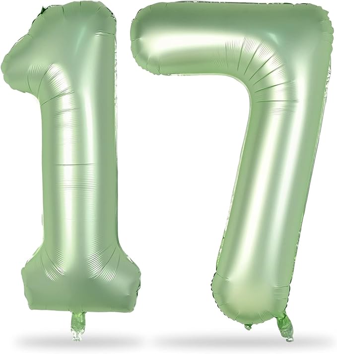 Sage Green Number 17 Birthday Balloons, 40 Inch Large Foil Number 1 & 7 Helium for Girls Boys, Olive Green 17th Birthday for Women Men Anniversary Wedding Jungle Party Decorations