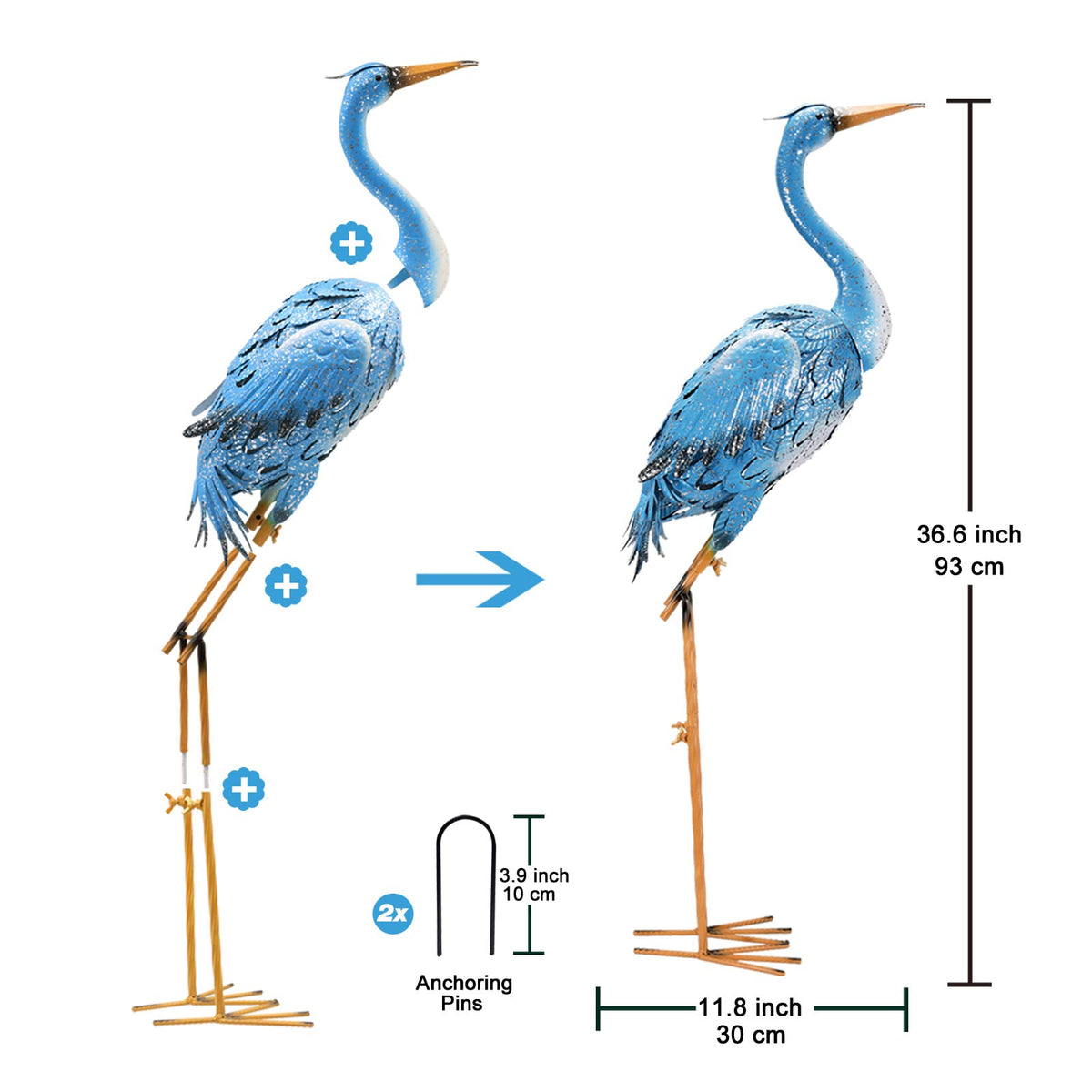 Nacome Large Standing Blue Metal Crane Garden Statue: Indoor Outdoor Heron Animal Sculpture for Patio Backyard Porch Yard Bird Art Lawn Decor - 36.6inch Gifts for Grandma Mom