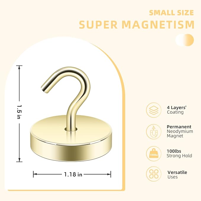 Neosmuk Magnetic Hooks, Cruise Ship Essentials, 100lb+ Heavy Duty Magnetic Hooks for Cruise Cabins, Refrigerator, Grill, Hanging, and Travel | Extra Strong Must-Haves Magnet Hook,Gold