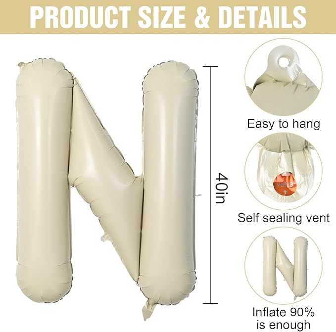 Cream N Letter Balloons,40 Inch Letter N Balloon Beige,Helium Custom Letter Balloon for Birthday Anniversary Party Decorations