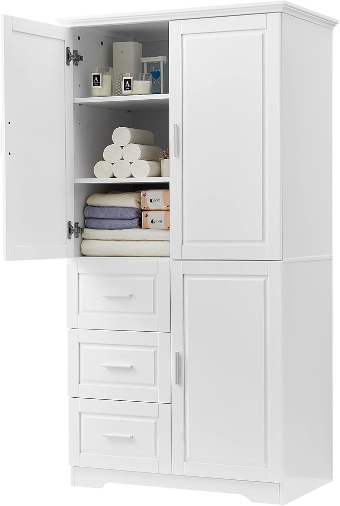 Merax Storage Cabinet with Three Drawers and Doors, Wide Pantry Cupboard for Kitchen, Living Room and Bathroom, Adjustable Shelf, White