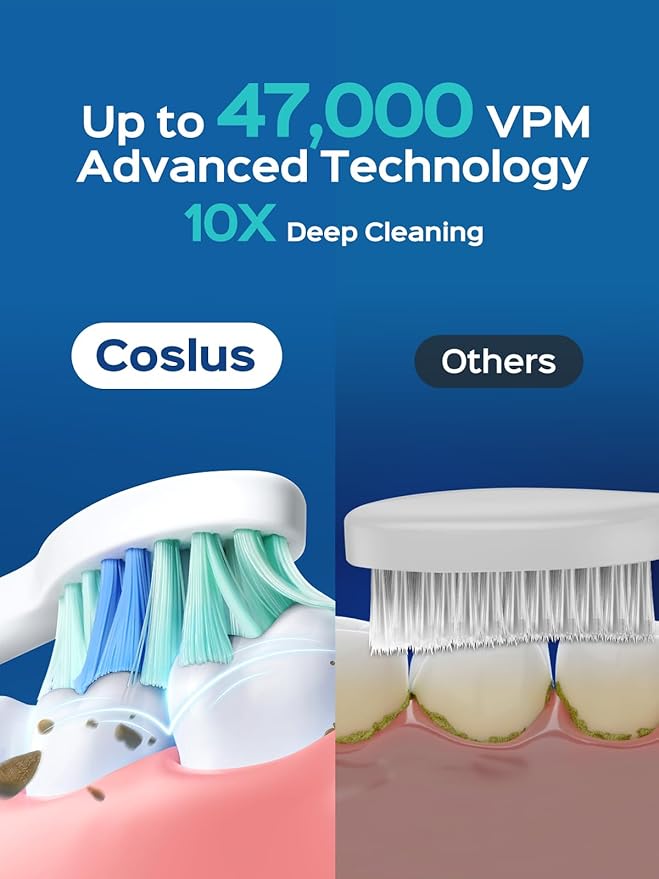 COSLUS Sonic Electric Toothbrush for Adults: 47000 VPM for Deep Cleaning & Whitening with Travel Case - 5 Modes for Sensitive Teeth & Braces, Wireless Charging, 6 Brush Heads, Pink & Green (2PCS)