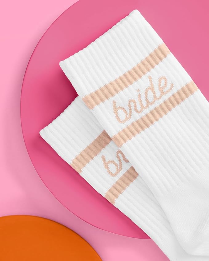 xo, Fetti Bride Socks, White + Tan | Bride To Be Gift, Bachelorette Party Favor, Bach Party Decorations, Wedding Day Sandals, Bridesmaid Gift, Bridal Shower Party Favor