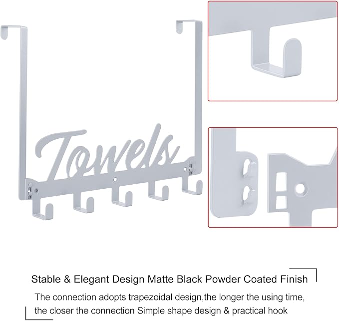 Over The Door Hooks, Towel Rack for Bathroom & Bedroom, Heavy Duty Over Door Towel Hanger with 5 Coat Hooks, Silver