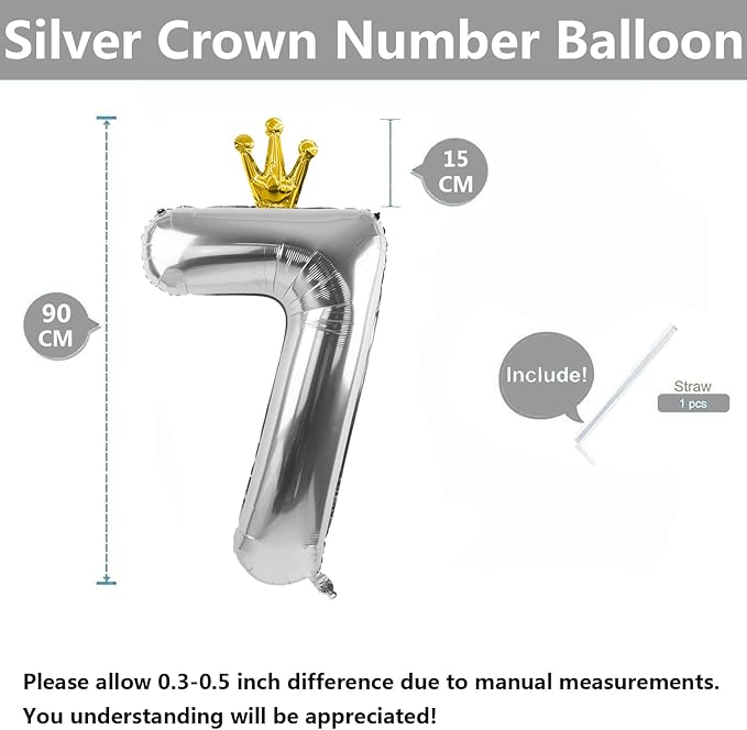 Silver Number 7 Balloon with Crown, 40 inch Silver Number Balloon 7th Birthday Party Decoration Silver Crown Balloons 0-9 for Birthday Party Anniversary Decorations Supplies