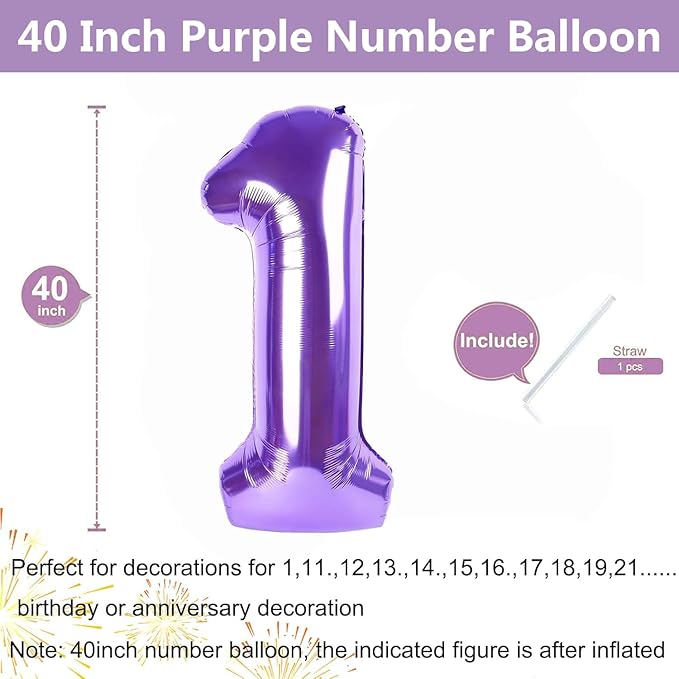 Purple Number Balloons, 40 Inch Purple Balloon 1.1 Helium Balloon 1st Birthday for 1 Years Birthday Decoration Children Girls Boys